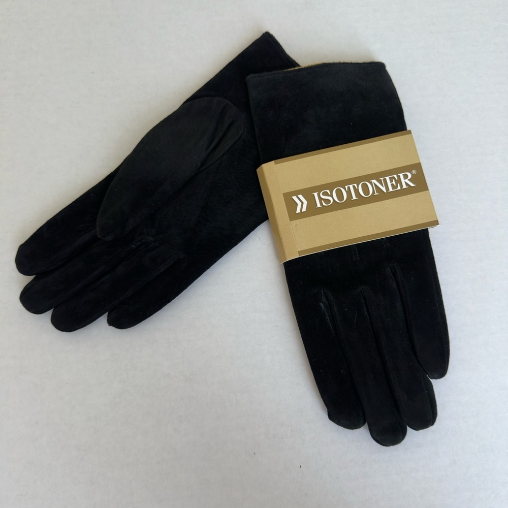 NWT Isotoner Black Suede Leather large Gloves Faux Fur Lined Winter Luxury